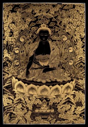 Black and Gold Style Original Tibetan Buddhist Painting Of Shakyamuni Buddha Thanka